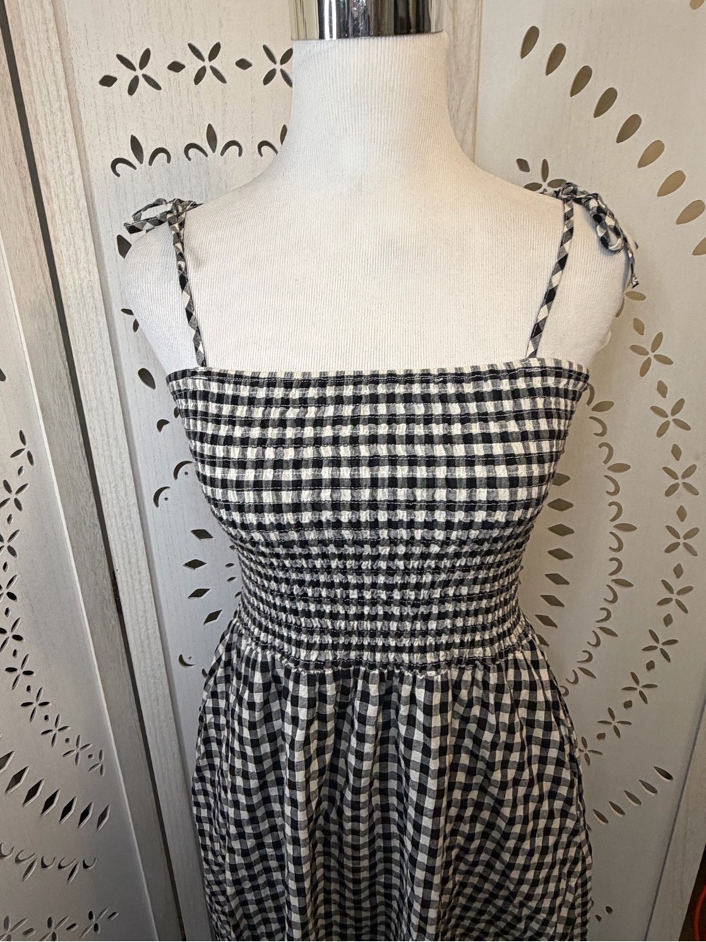 100% Cotton Black & White Gingham Tie-Shoulder Maxi Dress - Picture 3 of 12